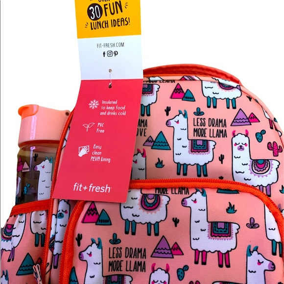 Super Cute Fit + Fresh Less Drama More Llama Insulated Lunch Bag W/ Bottle. - Picture 7 of 9